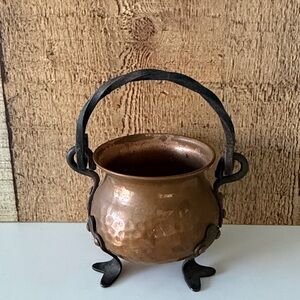 Vintage Miniature Hammered Copper & Wrought Iron Cauldron